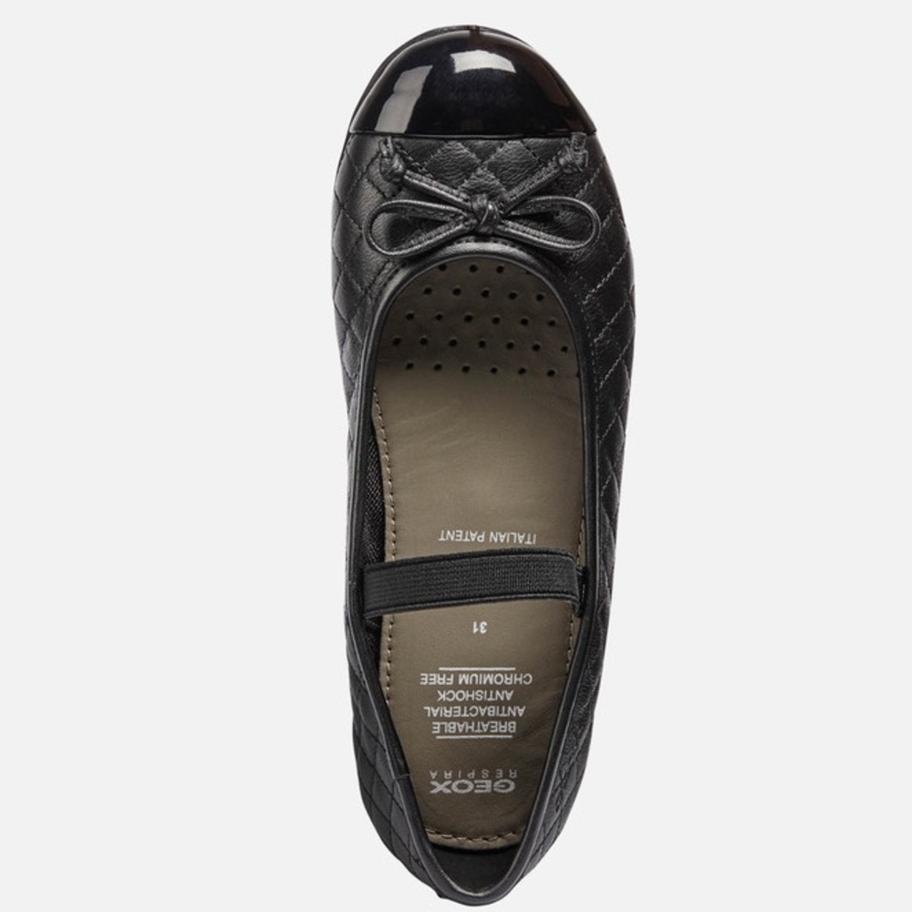 Geox Plie Girl Quilted Black Leather Patent Toe Ballet Flats with Elastic Strap - Picture 5 of 14